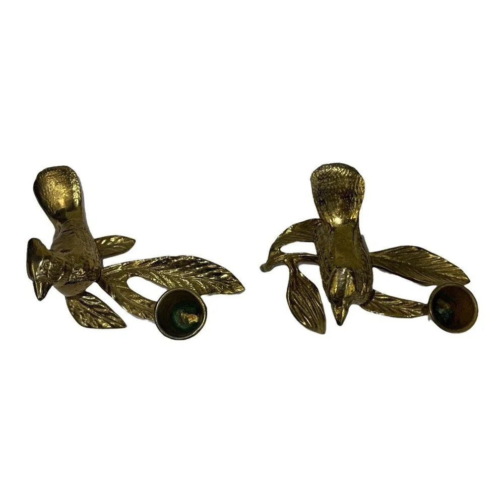VINTAGE Pair of Brass Or Bronze Birds On A Branch Leaves Taper Candle Holders 2